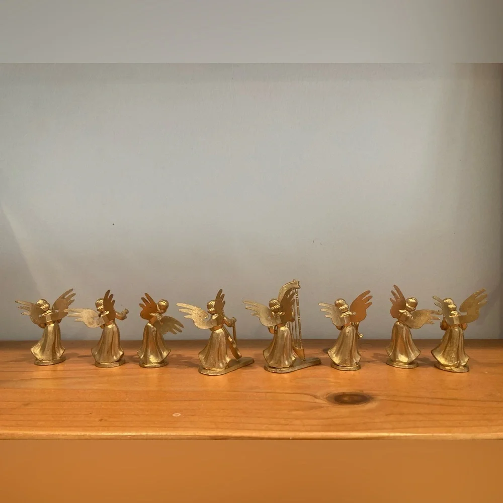 Vtg Set 8 Angel Cherub Instrument Musicians Gold Christmas Ornaments Hong Kong